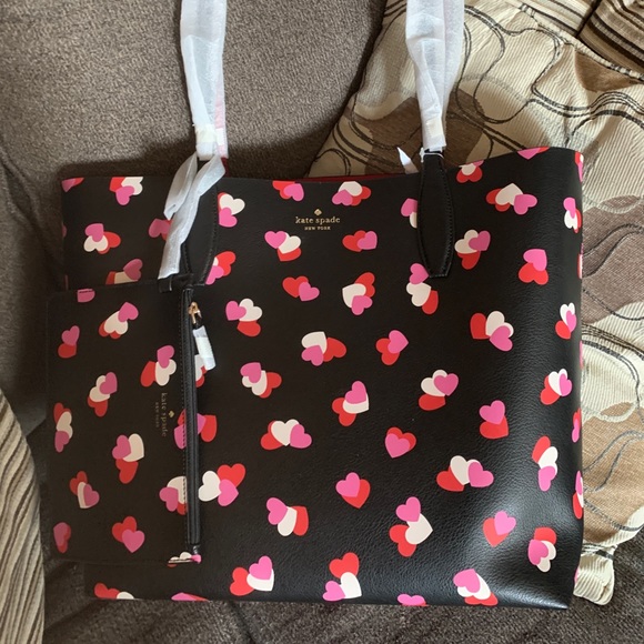 Authentic Kate spade Colorblock leather Hearts prints large Tote/Wristlet - Picture 15 of 16